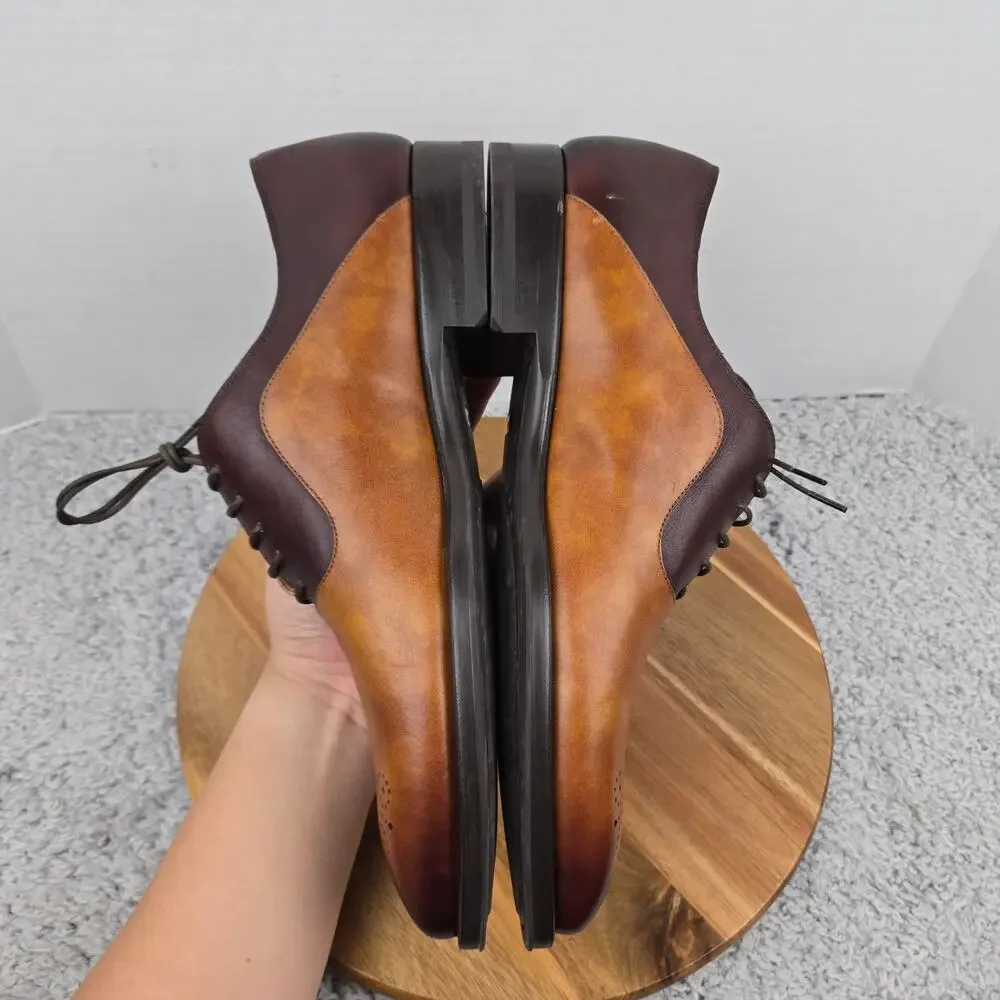 Magnanni Mens 12 Brown Two Tone Burnished Leather Medallion Oxford Dress Shoe
